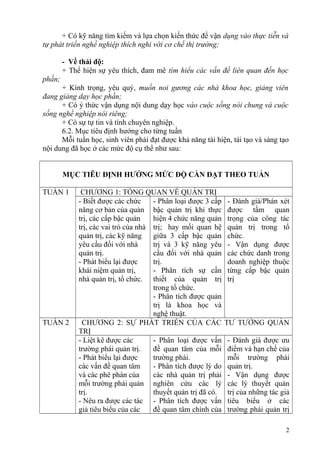 + Có kỹ năng tìm kiếm và lựa chọn kiến thức để vận dụng vào thực tiễn và
tự phát triển nghề nghiệp thích nghi với cơ chế thị trường;
- Về thái độ:
+ Thể hiện sự yêu thích, đam mê tìm hiểu các vấn đề liên quan đến học
phần;
+ Kính trọng, yêu quý, muốn noi gương các nhà khoa học, giảng viên
đang giảng dạy học phần;
+ Có ý thức vận dụng nội dung dạy học vào cuộc sống nói chung và cuộc
sống nghề nghiệp nói riêng;
+ Có sự tự tin và tính chuyên nghiệp.
6.2. Mục tiêu định hướng cho từng tuần
Mỗi tuần học, sinh viên phải đạt được khả năng tái hiện, tái tạo và sáng tạo
nội dung đã học ở các mức độ cụ thể như sau:
MỤC TIÊU ĐỊNH HƯỚNG MỨC ĐỘ CẦN ĐẠT THEO TUẦN
TUẦN 1 CHƯƠNG 1: TỔNG QUAN VỀ QUẢN TRỊ
- Biết được các chức
năng cơ bản của quản
trị, các cấp bậc quản
trị, các vai trò của nhà
quản trị, các kỹ năng
yêu cầu đối với nhà
quản trị.
- Phát biểu lại được
khái niệm quản trị,
nhà quản trị, tổ chức.
- Phân loại được 3 cấp
bậc quản trị khi thực
hiện 4 chức năng quản
trị; hay mối quan hệ
giữa 3 cấp bậc quản
trị và 3 kỹ năng yêu
cầu đối với nhà quản
trị.
- Phân tích sự cần
thiết của quản trị
trong tổ chức.
- Phân tích được quản
trị là khoa học và
nghệ thuật.
- Đánh giá/Phán xét
được tầm quan
trọng của công tác
quản trị trong tổ
chức.
- Vận dụng được
các chức danh trong
doanh nghiệp thuộc
từng cấp bậc quản
trị
TUẦN 2 CHƯƠNG 2: SỰ PHÁT TRIỂN CỦA CÁC TƯ TƯỞNG QUẢN
TRỊ
- Liệt kê được các
trường phái quản trị.
- Phát biểu lại được
các vấn đề quan tâm
và các phê phán của
mỗi trường phái quản
trị.
- Nêu ra được các tác
giả tiêu biểu của các
- Phân loại được vấn
đề quan tâm của mỗi
trường phái.
- Phân tích được lý do
các nhà quản trị phải
nghiên cứu các lý
thuyết quản trị đã có.
- Phân tích được vấn
đề quan tâm chính của
- Đánh giá được ưu
điểm và hạn chế của
mỗi trường phái
quản trị.
- Vận dụng được
các lý thuyết quản
trị của những tác giả
tiêu biểu ở các
trường phái quản trị
2
 