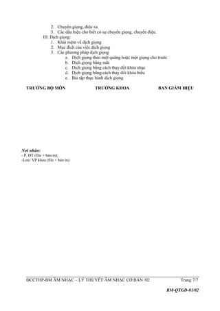 2. Chuyển giọng, điệu xa
3. Các dấu hiệu cho biết có sự chuyển giọng, chuyển điệu.
III. Dịch giọng:
1. Khái niệm về dịch giọng
2. Mục đích của việc dịch giọng
3. Các phương pháp dịch giọng
a. Dịch giọng theo một quãng hoặc một giọng cho trước
b. Dịch giọng bằng mắt
c. Dịch giọng bằng cách thay đổi khóa nhạc
d. Dịch giọng bằng cách thay đổi khóa biểu
e. Bài tập thực hành dịch giọng
TRƯỞNG BỘ MÔN TRƯỞNG KHOA BAN GIÁM HIỆU
ĐCCTHP-BM ÂM NHẠC – LÝ THUYẾT ÂM NHẠC CƠ BẢN /02 Trang 7/7
BM-QTGD-01/02
Nơi nhân:
- P. ĐT (file + bản in);
-Lưu: VP khoa (file + bản in).
 