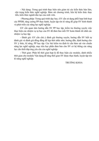 - Nội dung: Trong quá trình thực hiên nên giảm tải các kiến thức hàn lâm,
chú trọng kiến thức nghề nghiệp. Bám sát chương trình, liên hệ kiến thức thực
tiễn, kiến thức ngành đào tạo của sinh viên.
- Phương pháp: Trong quá trình dạy học, GV cần sử dụng phối hợp linh hoạt
các PPDH, tăng cường PP thực hành, luyện tập rèn kĩ năng để giúp SV hình thành
và phát triển các năng lực nghề nghiệp.
GV cần quan tâm hướng dẫn SV PP học tập, kiểm tra thường xuyên việc
thực hiện các nhiệm vụ tự học của SV để đảm bảo mỗi SV hoàn thành tốt nhất các
nhiệm vụ học tập.
- Đánh giá: GV cần chú ý đánh giá thường xuyên, hướng dẫn SV biết tự
đánh giá và đánh giá đồng đẳng để kịp thời nhắc nhở, hướng dẫn, định hướng cho
SV ý thức, kĩ năng, PP học tập. Các bài kiểm tra định kì cần bám sát vào chuẩn
năng lực nghề nghiệp, mục tiêu học phần đảm bảo cho SV có hệ thống các năng
lực cần thiết đáp ứng yêu cầu của nghề nghiệp.
- Thời gian: Phân bổ thời gian hợp lý để thực hiện các module, dành nhiều
thời gian cho module Vận dụng để tăng thời gian SV được thực hành, luyện tập rèn
kĩ năng nghề nghiệp.
TRƯỞNG KHOA
 