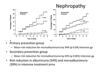 Nephropathy

• Primary prevention group
– Mean risk reduction for microalbuminuria by 34% (p 0.04) intensive gp

• Secondary prevention group
– Mean risk reduction for microalbuminuria by 43% (p 0.001) intensive gp

• Risk reduction in albuminuria (54%) and microalbunimuria
(39%) in intensive treatment arms

 