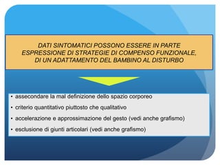 • assecondare la mal definizione dello spazio corporeo
• criterio quantitativo piuttosto che qualitativo
• accelerazione e approssimazione del gesto (vedi anche grafismo)
• esclusione di giunti articolari (vedi anche grafismo)
DATI SINTOMATICI POSSONO ESSERE IN PARTE
ESPRESSIONE DI STRATEGIE DI COMPENSO FUNZIONALE,
DI UN ADATTAMENTO DEL BAMBINO AL DISTURBO
 