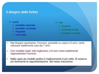 Il disegno delle forbici
 Lame
 parallele separate
 parallele connesse
 Angolate
 incrociate
 Vite
 Assente
 presente errata
 presente corretta
• Nel disegno spontaneo: l’incrocio, possibile su copia a 5 anni, viene
utilizzato stabilmente solo dai 7 anni.
• Con modello reale: tutti migliorano; a 6 anni viene stabilmente
rappresentato l’incrocio.
• Nella copia da modello grafico il miglioramento è più netto. Si osserva
più facilmente la rappresentazione del nesso meccanico.
 