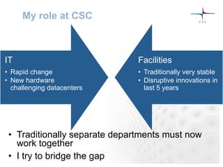 My role at CSC
IT
•  Rapid change
•  New hardware
challenging datacenters
Facilities
•  Traditionally very stable
•  Disruptive innovations in
last 5 years
•  Traditionally separate departments must now
work together
•  I try to bridge the gap
 
