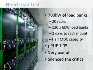Head	
  load	
  test	
  
•  700kW	
  of	
  load	
  banks	
  
– 20	
  racks	
  
– 120	
  x	
  6kW	
  load	
  banks	
  
– 2	
  days	
  to	
  rack	
  mount	
  
– Half	
  MDC	
  capacity	
  
•  pPUE	
  1.05	
  
•  Very	
  useful	
  
•  Silenced	
  the	
  criGcs	
  
 