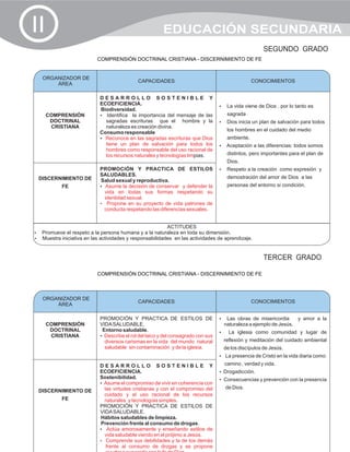 II                                                   EDUCACIÓN SECUNDARIA
                                                                                                 SEGUNDO GRADO
                        COMPRENSIÓN DOCTRINAL CRISTIANA - DISCERNIMIENTO DE FE


  ORGANIZADOR DE
                                          CAPACIDADES                                        CONOCIMIENTOS
      ÁREA

                         DESARROLLO SOSTENIBLE Y
                         ECOEFICIENCIA.                                      ? viene de Dios , por lo tanto es
                                                                             La vida
                         Biodiversidad.
     COMPRENSIÓN         ?  Identifica la importancia del mensaje de las         sagrada
      DOCTRINAL            sagradas escrituras que el hombre y la            Dios inicia un plan de salvación para todos
                                                                             ?
      CRISTIANA            naturaleza es creación divina.
                                                                                 los hombres en el cuidado del medio
                         Consumo responsable
                         ? en las sagradas escrituras que Dios
                           Reconoce                                              ambiente.
                           tiene un plan de salvación para todos los         Aceptación a las diferencias: todos somos
                                                                             ?
                           hombres como responsable del uso racional de
                           los recursos naturales y tecnologías limpias.         distintos, pero importantes para el plan de
                                                                                 Dios.
                         PROMOCIÓN Y PRACTICA DE ESTILOS                     ? a la creación como expresión y
                                                                             Respeto
                         SALUDABLES.                                             demostración del amor de Dios a las
 DISCERNIMIENTO DE       Salud sexual y reproductiva.
         FE              ? decisión de conservar y defender la
                           Asume la                                              personas del entorno si condición.
                          vida en todas sus formas respetando su
                          identidad sexual.
                         ? en su proyecto de vida patrones de
                           Propone
                          conducta respetando las diferencias sexuales.


                                                       ACTITUDES
Promueve el respeto
?                     a la persona humana y a la naturaleza en toda su dimensión.
? iniciativa en
Muestra               las actividades y responsabilidades en las actividades de aprendizaje.


                                                                                                 TERCER GRADO

                        COMPRENSIÓN DOCTRINAL CRISTIANA - DISCERNIMIENTO DE FE



  ORGANIZADOR DE
                                          CAPACIDADES                                        CONOCIMIENTOS
      ÁREA

                         PROMOCIÓN Y PRACTICA DE ESTILOS DE                  Las obras de misericordia
                                                                             ?                                  y amor a la
     COMPRENSIÓN         VIDA SALUDABLE.                                       naturaleza a ejemplo de Jesús.
      DOCTRINAL           Entorno saludable.                                 La iglesia como comunidad y lugar de
                                                                             ?
      CRISTIANA          ? el rol del laico y del consagrado con sus
                           Describe
                           diversos carismas en la vida del mundo natural      reflexión y meditación del cuidado ambiental
                           saludable sin contaminación y de la iglesia.        de los discípulos de Jesús.
                                                                             La presencia de Cristo en la vida diaria como:
                                                                             ?

                         DESARROLLO SOSTENIBLE Y                               camino , verdad y vida.
                         ECOEFICIENCIA.                                      Drogadicción.
                                                                             ?
                         Sostenibilidad.                                     Consecuencias y prevención con la presencia
                                                                             ?
                         ? compromiso de vivir en coherencia con
                          Asume el
                           las virtudes cristianas y con el compromiso del      de Dios.
 DISCERNIMIENTO DE
                           cuidado y el uso racional de los recursos
         FE                naturales y tecnologías simples.
                         PROMOCIÓN Y PRACTICA DE ESTILOS DE
                         VIDA SALUDABLE.
                         Hábitos saludables de limpieza.
                         Prevención frente al consumo de drogas.
                         ?   Actúa amorosamente y enseñando estilos de
                           vida saludable viendo en el prójimo a Jesús.
                         ?  Comprende sus debilidades y la de los demás
                            frente al consumo de drogas y se propone
 