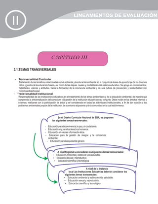 LINEAMIENTOS DE EVALUACIÓN
II

                                       CAPÍTULO III

3.1.TEMAS TRANSVERSALES

 Transversalidad Curricular
 ?
 Tratamiento de las temáticas relacionadas con el ambiente y la educación ambiental en el conjunto de áreas de aprendizaje de los diversos
 ciclos y grados de la educación básica, así como de las etapas, niveles y modalidades del sistema educativo. Se apoya en conocimientos,
 habilidades, valores y actitudes, hacia la formación de la conciencia ambiental y de una cultura de prevención y sostenibilidad con
 responsabilidad social.
Transversalidad Institucional
?
 Responsabilidad de las instituciones educativas en el tratamiento de los temas ambientales y de la educación ambiental, de manera que
 comprenda la ambientalización del curriculum y la gestión de la institución educativa en su conjunto. Debe incidir en los ámbitos internos y
 externos, realizarse con la participación de todos y ser considerada en todas las actividades institucionales, a fin de dar solución a los
 problemas ambientales propios de la institución, de su entorno adyacente y de la comunidad en la cual está inmersa.



                                               En el Diseño Curricular Nacional de EBR, se proponen
                                         los siguientes temas transversales:

                                 Educación para la convivencia,la paz y la ciudadanía.
                                 ?
                                 Educación en y para los derechos humanos.
                                 ?
                                 Educación en valores o formación ética.
                                 ?
                                 Educación para la gestión de riesgos y la conciencia
                                 ?
                                 ambiental.
                                 ? Educación para la equidad de género.



                                              A nivel Regional se consideran los siguientes temas transversales:
                                         ? Ambiental y estilos de vida saludable.
                                         Educación
                                         ? sexual y reproductiva
                                         Educación
                                         ? científica y tecnológica
                                          Educación


                                                                             A nivel de la Instancia
                                                         local ,las Instituciones Educativas deberán considerar los
                                                     siguientes temas transversales:
                                                     ? ambiental y estilos de vida saludable.
                                                        Educación
                                                     ? sexual y reproductiva.
                                                        Educación
                                                     ? científica y tecnológica
                                                         Educación
 