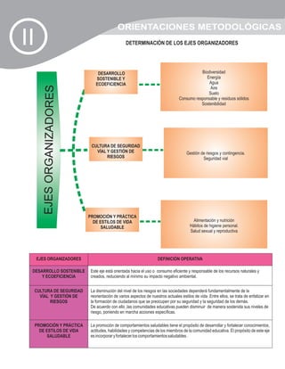 ORIENTACIONES METODOLÓGICAS
II                                                 DETERMINACIÓN DE LOS EJES ORGANIZADORES




                                  DESARROLLO                                                  Biodiversidad
                                 SOSTENIBLE Y                                                    Energía
                                 ECOEFICIENCIA                                                    Agua
        EJES ORGANIZADORES


                                                                                                   Aire
                                                                                                  Suelo
                                                                                   Consumo responsable y residuos sólidos
                                                                                              Sostenibilidad




                              CULTURA DE SEGURIDAD
                                VÍAL Y GESTIÓN DE                                       Gestión de riesgos y contingencia.
                                     RIESGOS                                                     Seguridad vial




                             PROMOCIÓN Y PRÁCTICA
                               DE ESTILOS DE VIDA                                           Alimentación y nutrición
                                   SALUDABLE                                              Hábitos de higiene personal.
                                                                                          Salud sexual y reproductiva




     EJES ORGANIZADORES                                               DEFINICIÓN OPERATIVA

 DESARROLLO SOSTENIBLE        Este eje está orientada hacia el uso o consumo eficiente y responsable de los recursos naturales y
     Y ECOEFICIENCIA          creados, reduciendo al mínimo su impacto negativo ambiental.


 CULTURA DE SEGURIDAD         La disminución del nivel de los riesgos en las sociedades dependerá fundamentalmente de la
   VÍAL Y GESTIÓN DE          reorientación de varios aspectos de nuestros actuales estilos de vida .Entre ellos, se trata de enfatizar en
        RIESGOS               la formación de ciudadanos que se preocupen por su seguridad y la seguridad de los demás.
                              De acuerdo con ello ,las comunidades educativas pueden disminuir de manera sostenida sus niveles de
                              riesgo, poniendo en marcha acciones específicas.

     PROMOCIÓN Y PRÁCTICA     La promoción de comportamientos saludables tiene el propósito de desarrollar y fortalecer conocimientos,
       DE ESTILOS DE VIDA     actitudes, habilidades y competencias de los miembros de la comunidad educativa. El propósito de este eje
           SALUDABLE          es incorporar y fortalecer los comportamientos saludables .
 