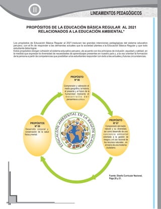 PROPÓSITOS DE LA EDUCACIÓN BÁSICA REGULAR AL 2021
RELACIONADOS A LA EDUCACIÓN AMBIENTAL*
Los propósitos de Educación Básica Regular al 2021,traducen las grandes intenciones pedagógicas del sistema educativo
peruano, con el fin de responder a las demandas actuales que la sociedad plantea a la Educación Básica Regular y que todo
estudiante debe lograr.
Estos propósitos otorgan cohesión al sistema educativo peruano ,de acuerdo con los principios de inclusión ,equidad y calidad, en
la medida que expresan la diversidad de necesidades de aprendizajes presentes en nuestro país y ,a la vez orientan la formación
de la persona a partir de competencias que posibilitan a los estudiantes responder con éxito a las actuales y futuras circunstancias.
LA ENTN LE AI
R
B
E
M
G
A
IÓ
N
N
ÓI
U
C
C
A
A
C
Y
U
A
D
L
E
I
PROPÓSITO
Nº 06
Comprensión y valoración el
medio geográfico, la historia,
el presente y el futuro de la
humanidad mediante el
d e s a r r o l l o d e l
pensamientocrítico.
PROPÓSITO
Nº 07
Comprensión del medio
natural y su diversidad,
así como desarrollo de una
conciencia ambiental
orientada a la gestión de
riesgos y el uso racional de
los recursos naturales , en
el marco de una moderna
ciudadano.
PROPÓSITOS
Nº 09
Desarrollo corporal y
conservación de la salud
físicaymental.
Fuente: Diseño Curricular Nacional,
Págs.20 y 21.
LINEAMIENTOS PEDAGÓGICOS
II
 