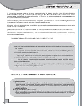 d) Incorporar el enfoque ambiental en todos los instrumentos de gestión educativa como: Proyecto Educativo
Institucional(PEI),el Proyecto Curricular Institucional(PCI),el Plan Anual de Trabajo(PAT),el Reglamento Interno
Institucional y el Manual de Organización y funciones. En el informe de Gestión Anual(IGA)se explicitará los avances
de la aplicación del enfoque ambiental.
e) Implementar proyectos educativos ambientales integrados ,aprovechando los avances científicos y tecnológicos,
fomentando la inventiva e innovación ,así como el rescate de saberes país.
f) Construir el Comité Ambiental como forma básica de organización de las instituciones para el cumplimiento de los
fines de la educación ambiental.
g)Articular las acciones de educación ambiental de las instituciones educativas ,del hogar y de la comunidad local.
h)Fortalecer las competencias en educación y comunicación ambiental de docentes y promotores con programas y
proyectos públicos y privados.
LINEAMIENTOS PEDAGÓGICOS
FINES DE LA EDUCACIÓN AMBIENTAL EN NUESTRA REGIÓN UCAYALI
?Promocionar una comprensión integral de las características de nuestro medio natural y del medio transformado por
el ser humano.
• Incorporar la dimensión ambiental y el desarrollo de ésta, en los diversos niveles, modalidades y áreas del
conocimiento de la Educación Básica Regular.
• Favorecer la adquisición de conocimientos, valores, pautas de comportamiento, destrezas y prácticas
ambientales a través de una verdadera diversificación en las diversas áreas.
• Toma de conciencia sobre la importancia del medio ambiente y desarrollo (Valores, Actitudes, Práctica
social,Tecnología ambiental).
• Crear las condiciones para facilitar una clara comprensión de la interdependencia económica política y
ecológica de nuestra región, el Perú y del mundo actual.
OBJETIVOS DE LA EDUCACIÓN AMBIENTAL EN NUESTRA REGIÓN UCAYALI
1.1 Objetivo General
Desarrollar la educación ambiental en la Región, constituida sobre una comprensión integrada y sistémica del
ambiente natural, social y cultural, generando una conciencia social y una ciudadanía ambiental pertinente,
crítica y proactiva que permita consolidar y fortalecer los procesos participativos orientados al desarrollo
sostenible del país.
1.2 Objetivos Específicos
Respecto de la educación básica regular :
1.2.1. Promover que el tema ambiental sea parte fundamental y transversal de los procesos de aprendizaje y de
gestión de las Instituciones Educativas de nivel básico, en sus diferentes niveles, reflejados en los Proyectos
Educativos Institucionales.
 