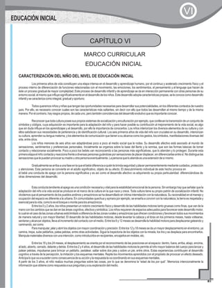 CAPÍTULO VI
MARCO CURRICULAR
EDUCACIÓN INICIAL
CARACTERIZACIÓN DEL NIÑO DEL NIVEL DE EDUCACIÓN INICIAL
Los primeros años de vida constituyen una etapa intensa en el desarrollo y aprendizaje humano, por el continuo y acelerado crecimiento físico y el
proceso interno de diferenciación de funciones relacionadas con el movimiento, las emociones, los sentimientos, el pensamiento y el lenguaje que hacen de
éste un proceso gradual de mayor complejidad. Este proceso de desarrollo infantil y de aprendizaje se da en interacción permanente con otras personas de su
entornosocial,elmismoqueinfluyesignificativamenteeneldesarrollodelosniños.Estedesarrolloadoptacaracterísticaspropias,seleconocecomodesarrollo
infantilysecaracterizacomointegral,gradualyoportuno.
Todosqueremosniñosyniñasquetenganlasoportunidadesnecesariasparadesarrollarsuspotencialidades,enlosdiferentescontextosdenuestro
país. Por ello, es necesario conocer cuales son las características más saltantes, sin decir con ello que todos las desarrollan al mismo tiempo y de la misma
manera.Porelcontrario,hayrasgospropios,decadauno,perotambiéncoincidenciasdeldesarrolloevolutivoqueesimportanteconocer.
Reconocerquetodaculturaposeesuspropiossistemasdesocializaciónyenculturaciónporejemplo,queconllevanlatransmisióndeunconjuntode
símbolos y códigos, cuya adquisición es importante para la adaptación del niño y para hacer posible su contribución al mejoramiento de la vida social, es algo
que sin duda influye en los aprendizajes y el desarrollo, por ello la importancia de conocerlos. Los niños interiorizan los diversos elementos de su cultura y con
ellos satisfacen sus necesidades de pertenencia y de identificación cultural. Los seis primeros años de vida del niño son cruciales en su desarrollo, interiorizan
su cultura, aprenden su lengua materna, y los elementos de comunicación que tienen a su alcance como los gestos, los símbolos, manifestaciones diversas del
arte,entreotros.
Los niños menores de seis años van adaptándose poco a poco al medio social que le rodea. Su desarrollo afectivo está asociado al mundo de
sensaciones, sentimientos y preferencias personales. Inicialmente se organiza sobre la base del llanto y la sonrisa, que son las formas básicas de tomar
contacto y relacionarse socialmente. Poco a poco los bebés van reconociendo a las personas más significativas, que lo atienden y lo protegen. Durante esta
primeraetapaelniñocontactayreaccionafrenteadiversaspersonasguiándoseporsensacionesdeplacerdisplacer,sindiferenciarlasentresí.Nodistinguelas
sensacionesquelepuedenprovocarsumadreuotrapersonaeventualmente.Lapersonaqueloatiendeesunaextensióndesímismo.
Gradualmentesearribaaunafaseenlaqueelbebédiferenciaaquiénlebrindaseguridadyplacerpermanentementemediantecuidados,protección
y atenciones. Esta persona se convierte en el adulto significativo, objeto de su afecto. El descubrimiento individual de este hecho provoca en
el bebé una conducta de apego con la persona significativa y es así como el desarrollo afectivo va adquiriendo su propia particularidad diferenciándose de
otras dimensiones del desarrollo.
EDUCACIÓN INICIAL
VI
Estaconductatendientealapegoesunacondición necesaria yvitalparalaestabilidad emocional delapersona.Sinembargohayqueseñalarquela
adaptación del niño a la vida social se produce en el marco de la cultura en la que nace y crece. Toda cultura tiene su propio patrón de socialización infantil. No
olvidemosqueelpensamientodelospueblosandinosyamazónicossehadesarrolladoeníntimainterrelaciónconlanaturaleza.Suracionalidadenelmanejoy
ocupación del espacio es diferente a la urbana. En comunidades quechua y aymara por ejemplo, se enseña a convivir con la naturaleza, la tierra es respetada y
esencialparalavida,comoloeselbosqueomonteparalosamazónicos.
Entre los 0 y 2 años, los niños presentan un notorio crecimiento físico y desarrollo de las habilidades motoras tanto gruesas como finas, que van de la
mano con los cambios que se dan en las áreas cognitiva, afectiva y simbólica. Los niños requieren de espacios adecuados para favorecer este desarrollo motor,
locualenelcasodelaszonasurbanasestálimitadoadiferenciadelaszonasruralesyamazónicasqueofrecencondicionesyfavorecentodossusmovimientos
de manera natural y con mayor libertad. El desarrollo de las habilidades motoras, desde levantar la cabeza y el tórax en los primeros meses, hasta voltearse,
sentarse y alcanzar objetos, lleva al incremento del contacto con el medio. Entrelos 6y 12meses se desarrolla la habilidad motora paradesplazarse gateandoy
caminando,asícomo
Paramanipular,jalaryabrirlosobjetosconmayorcoordinaciónyprecisión.Entrelos12y18mesessedaunmayordesplazamientoenelentorno,ya
camina, trepa, sube peldaños, patea pelotas, entre otras actividades. Sigue la trayectoria de los objetos con la mirada, los tira y se desplaza para encontrarlos.
Manipulamaterialesdiversosconunaintención,comointroducirlosenrecipientes,encajarlosenmoldes,etc.
Entre los 18 y los 24 meses, el desplazamiento se orienta por el reconocimiento de las posiciones en el espacio: dentro, fuera, arriba, abajo, encima,
al lado, abierto, cerrado, delante y detrás. Entre los 2 y 4 años, el desarrollo de las habilidades motoras le permite al niño mayor balance del cuerpo para lanzar y
patear pelotas, impulsarse para brincar un peldaño, pedalear, saltar sobre dos pies y sobre un pie, entre otros. Estas experiencias contribuyen al desarrollo
cognitivo a través de la percepción, la imitación y los esquemas mentales. Repite los movimientos aprendidos con el propósito de provocar un efecto deseado.
Anticipaloquevaasucedercomoconsecuenciadesuacciónylarespuestalavacoordinandoensusesquemasmentales.
A partir de los 3 años, el niño realiza muchas preguntas sobre las cosas, por lo que se denomina la “edad de los por qué”. Memoriza intencionalmente la
informaciónqueobtienecomorespuestaasuspreguntasyasuexploracióndelmedio.
 