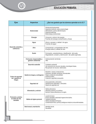 Ejes Aspectos ¿Qué nos gustaría que los alumnos aprendan en la I.E.?
Desarrollo sostenible y
coeficiencia
Biodiversidad
Pérdidadelabiodiversidad,
Especiesenextinción,cazaycomercioilegal.
Deforestación,quemaytaladebosques.
Especiesendémicas.
Biotecnologíaybiodiversidad.
Energía Consumo y ahorro de energía.
Fuentes de energía contaminante y limpia
Agua Ahorro, escasez y calidad de agua.
Fuentes de agua.
Aire Composición y propiedades del aire.
Energía eólica y calidad de aire
Suelo Formación, características y clasificación del suelo.
Degradación, erosión y disminución de suelos agrícolas
Consumo responsable y
gestión ambiental
Ordenamiento territorial.
3Rs
Desarrollo sostenible Ciudadanía ambiental.
Uso racional de los recursos naturales y tecnologías limpias.
Recuperación de recursos deteriorados.
Cultura de seguridad
vial y gestión de
riesgos
Gestión de riesgos y contingencia
Desastres:causasyconsecuencias.
Amenazas:naturales,antrópicas,socionaturales.
Peligroyanálisisdevulnerabilidad.
Primerosauxilios.
Protección,seguridadyevacuación.
Seguridad vial
Zonaspeatonalesyvehiculares.
Señalizaciones peatonales y vehiculares
Sistema de seguridad vial.
Promoción y práctica
de estilos de vida
saludable
Alimentación y nutrición
Hábitosalimenticios
Alimentosnutritivosynonutritivos
Nutrición Cultura alimenticia en la región.
Hábitos de higiene personal
Lavadodemanos
Entornosaludable:salubridadehigienedelosbaños.
Cepilladodedientes
Hábitossaludablesdelimpieza.
Contaminaciónfísica,químicaybiológicaenrelaciónconlasenfermedades.
Salud sexual y reproductiva Identidad sexual.
Sexualidad
EDUCACIÓN PRIMARIA
VI
 