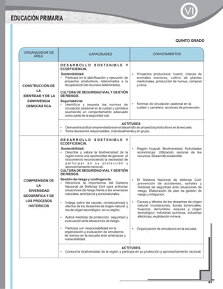 CONSTRUCCIÓN DE
LA
IDENTIDAD Y DE LA
CONVIVENCIA
DEMOCRÁTICA
D E S A R R O L L O S O S T E N I B L E Y
ECOEFICIENCIA.
Sostenibilidad.
?Participa en la planificación y ejecución de
proyectos productivos, relacionados a la
recuperación de recursos deteriorados.
CULTURA DE SEGURIDAD VIAL Y GESTIÓN
DE RIESGO.
Seguridad vial
?Identifica y respeta las normas de
circulación peatonal en la cuidad y carretera
asumiendo un comportamiento adecuado
como parte de la seguridad vial.
?Proyectos productivos: huerto, crianza de
animales menores, cultivo de plantas
medicinales, producción de humus, compost
y otros.
?Normas de circulación peatonal en la
cuidad y carretera: acciones de prevención.
ACTITUDES
?Demuestra actitud emprendedora en el desarrollo de proyectos productivos en la escuela.
?Toma decisiones responsables, individualmente y en grupo.
COMPRENSIÓN DE
LA
DIVERSIDAD
GEOGRÁFICA Y DE
LOS PROCESOS
HISTÓRICOS
D E S A R R O L L O S O S T E N I B L E Y
ECOEFICIENCIA.
Sostenibilidad.
?Describe y valora la biodiversidad de la
región como una oportunidad de generar el
biocomercio reconociendo la necesidad de
p a r t i c i p a r e n s u p r o t e c c i ó n y
aprovechamiento racional.
CULTURA DE SEGURIDAD VIAL Y GESTIÓN
DE RIESGO.
Gestión de riesgo y contingencia.
?Reconoce la importancia del Sistema
Nacional de Defensa Civil para enfrentar
situaciones de riesgo frente a las amenazas
naturales, antrópicos y socionaturales.
?Indaga sobre las causas, consecuencias y
efectos de los desastres de origen natural y
los de origen tecnológico en su región.
?Aplica medidas de protección, seguridad y
evacuación ante situaciones de riesgo.
?Participa con responsabilidad en la
organización y evaluación de simulacros
de sismos en la escuela ante amenazas y
vulnerabilidad.
?Región Ucayali. Biodiversidad. Actividades
económicas. Utilización racional de los
recursos. Desarrollo sostenible.
?El Sistema Nacional de defensa Civil:
prevención de accidentes, señales y
medidas de seguridad ante situaciones de
riesgo. Elaboración de plan de gestión de
riesgo y mitigación.
?Causas y efectos de los desastres de origen
natural: inundaciones, lluvias torrenciales,
huaycos, derrumbes, sequias y origen
tecnológico: industrias químicas, industrias
eléctricas, explotación minera.
?Organización de simulacros en la escuela.
ACTITUDES
?Conoce la biodiversidad de la región y participa en su protección y aprovechamiento racional.
QUINTO GRADO
ORGANIZADOR DE
ÁREA
CONOCIMIENTOSCAPACIDADES
EDUCACIÓN PRIMARIA
VI
 