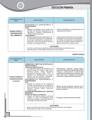 MUNDO FÍSICO Y
CONSERVACIÓN
DEL AMBIENTE
D E S A R R O L L O S O S T E N I B L E Y
ECOEFICIENCIA.
Suelo.
?Identifica propiedades de los suelos que
permitan sus diversas aplicaciones en la
agricultura e industria, contribuyendo al
manejo ecológico del suelo.
Sostenibilidad.
?Identifica problemas de contaminación en
su comunidad y participa en la elaboración
de normas y realización de campañas de
prevención, al uso racional de los recursos
naturales y tecnologías limpias.
?Suelos: propiedades y sus aplicaciones en la
agricultura y la industria.
?Contaminación ambiental en la comunidad.
Estrategias y técnicas para la elaboración
de normas y la realización de campañas de
prevención: biocalles, marchas, festival de
títeres, proyección de videos y otros.
ACTITUDES
?Es crítico cuando hace comparaciones entre los resultados que obtiene en sus
observaciones y la información proveniente de otras fuentes.
QUINTO GRADO
CUERPO HUMANO Y
CONSERVACIÓN DE
LA SALUD
PROMOCIÓN Y PRÁCTICA DE ESTILOS DE
VIDASALUDABLE.
Hábitos de higiene personal.
?Investiga enfermedades ocasionadas por la
falta de lavado de manos y otras como:
diarreicas agudas (EDA), infecciones
respiratorias agudas (IRA), T.B.C. y
hepatitis A y B, estableciendo sus causas,
agentes que las producen, transmisión,
consecuencias y formas de prevención.
D E S A R R O L L O S O S T E N I B L E Y
ECOEFICIENCIA.
Aire.
?Investiga los efectos de las sustancias
químicas contaminantes en la calidad de
aire y sus efectos en la salud: monóxido de
carbono, cianuro, plomo, mercurio,
arsénico y otros.
CULTURA DE SEGURIDAD VIAL Y GESTIÓN
DE RIESGO.
Gestión de riesgo y contingencia.
?Organiza el botiquín escolar de primeros
auxilios, en caso de emergencia, ante
amenazas naturales y diversos accidentes,
en el hogar escuela y comunidad.
?Enfermedades diarreicas agudas (EDA),
infecciones respiratorias agudas (IRA) (TBC)
dengue, Leptospirosis (enfermedad
ocasionada por bacterias de animales: gato
ratón, vaca, perro) hepatitis A y B: causas,
transmisión, consecuencias y prevención.
?Efectos de las sustancias químicas en la
salud: monóxido de carbono, cianuro, plomo,
mercurio, arsénico.
?El botiquín escolar de primeros auxilios.
ACTITUDES
?Busca con interés información sobre avances de la ciencia y la tecnología.
?Brinda ayuda y auxilio a sus compañeros.
ORGANIZADOR DE
ÁREA
CAPACIDADES CONOCIMIENTOS
ORGANIZADOR DE
ÁREA CAPACIDADES CONOCIMIENTOS
EDUCACIÓN PRIMARIA
VI
 