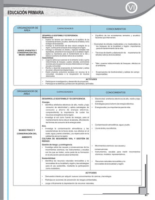 SERES VIVIENTES Y
CONSERVACIÓN DEL
MEDIO AMBIENTE
DESARROLLOSOSTENIBLEYECOEFICIENCIA.
Biodiversidad.
?Explora los factores que intervienen en el equilibrio de los
ecosistemasterrestreyacuático,identificandoelhábitatynicho
ecológicodelasespecies.
?Investiga la biodiversidad del área natural protegida de su
región,contribuyendoalestudiodelaecologíaenlaregión.
?Investiga la diversidad de árboles y especies forestales más
depredadas, presentes en los bosques de su localidad o región;
explica su importancia para el mantenimiento de la vida y
elaboramuestrariosdeárbolesnativosdesulocalidad.
Sostenibilidad.
?Juzga los daños que ocasionan en el ambiente, la tala y quema
indiscriminada de bosques y pastos naturales, promoviendo
acciones para recuperar los recursos deteriorados en el hogar,
escuelaycomunidad.
?Planifica y desarrolla ecoproyectos de biodiversidad y salidas
decampo,utilizandotecnologíaslimpias.
?Diseña proyectos productivos escolares con recursos de la
comunidad, vinculados a la recuperación de recursos
deteriorados
?Equilibrio de los ecosistemas terrestre y acuático:
factores que intervienen.
- Diversidad de árboles maderables y no maderables de
los bosques de la localidad o región: importancia
para el mantenimiento de la vida.
?Técnicas de diseño y elaboración de muestrarios de
árboles nativos de la localidad.
?Tala y quema indiscriminada de bosques: efectos en
el ambiente.
?Ecoproyectos de biodiversidad y salidas de campo
responsables.
ACTITUDES
?Participa en investigación y desarrollo de proyectos.
?Participa en la defensa y protección de plantas y animales.
ORGANIZADOR DE
ÁREA
CONOCIMIENTOSCAPACIDADES
EDUCACIÓN PRIMARIA
MUNDO FÍSICO Y
CONSERVACIÓN DEL
AMBIENTE
DESARROLLO SOSTENIBLEYECOEFICIENCIA.
Energía.
?Identifica artefactos eléctricos de alto, medio y bajo
consumo de electricidad y aplica estrategias de
consumo y ahorro de energía eléctrica,
comprendiendo la importancia de cuidar los
recursos energéticos de la región.
?Investiga al sol como fuente de energía, para el
mantenimiento de la vida en el planeta, difundiendo
las formas de consumo de la energía solar.
Aire.
?Investiga la contaminación atmosférica y las
características de la lluvia ácida, sus efectos en el
suelo, agua y seres vivientes, y su repercusión en la
calidad de aire en la región.
CULTURA DE SEGURIDAD VIAL Y GESTIÓN DE
RIESGO.
Gestión de riesgo y contingencia.
?Investiga sobre las causas y consecuencias de los
movimientos sísmicos, los instrumentos y escalas
con los que se miden, como parte de su formación
en la educación para la salud ambiental.
Sostenibilidad.
?Identifica los recursos naturales renovables y no
renovables de su localidad y región y las estrategias
para el uso sostenible, mediante la participación
como ciudadano.
?Electricidad: artefactos eléctricos de alto, medio y bajo
consumo.
?Estrategias para el ahorro de energía eléctrica.
?Energía solar y su importancia para la vida.
?Contaminación atmosférica, agua y suelo.
?Lluvia ácida y sus efectos.
?Movimientos sísmicos: sus causas y
consecuencias.
?Instrumentos, escalas para medir movimientos
sísmicos, modelos representativos.
?Recursos naturales renovables y no
renovables de la localidad y región.
ACTITUDES
?Demuestra interés por adquirir nuevos conocimientos de ciencia y tecnología.
?Participa en acciones de prevención de riesgos ambientales.
?Juzga críticamente la depredación de recursos naturales.
ORGANIZADOR DE
ÁREA
CAPACIDADES CONOCIMIENTOS
VI
 