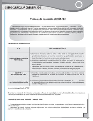 Ejes y objetivos estratégicos-PER
EJE OBJETIVO ESTRATÉGICO
EDUCACIÓN DE CALIDAD Y
PERTINENCIA
1.Promover la atención a todos los niños y niñas desde la concepción hasta los años
garantizando el derecho a tener las condiciones y oportunidades para lograr su
desarrollo integral en función al contexto socio-cultural y natural.
2.Garantizar una educación básica intercultural de calidad para todos de acuerdo a las
características y potencialidades culturales, sociales, naturales y económicas de la
región y el país.
3. Desarrollar una educación superior de calidad de acuerdo a las características y
potencialidades culturales, sociales, naturales y económicas de la región y el país.
EQUIDAD E
INTERCULTURALIDAD
4.Desarrollar una educación intercultural, fomentando la identidad y los valores histórico-
culturales y ambientales de la región en un marco de superación de todo tipo de
iniquidades.
GESTIÓN Y PARTICIPACIÓN
5.Generar una gestión educativa democrática orientada a resultados, en el marco
de la descentralización con la participación del gobierno regional, municipalidades y la
sociedad civil organizada
Lineamiento de política 2.1(PER)
Desarrollar un proceso de diversificación curricularcon enfoques de :equidad,género,interculturalidad,derechos humanos,ciencia
y tecnología,preservación del medio ambiente y la promoción de estilos de vida saludable.
Propuesta de programas, proyectos y medidas (PER)
?Programa de capacitación sobre el proceso de diversificación curricular contextualizado con el entorno socioeconómico y
cultural de la región.
?Elaboración del diseño curricular regional diversificado con enfoque de equidad, preservación del medio ambiente y la
promoción de estilos de vida saludable.
El sistema educativo en Ucayali forma hombres y mujeres democráticos, forjadores de justicia y solidaridad a través
de la promoción y práctica de valores .Personas que valoran su patrimonio cultural y ambiental y a la vez poseen un sentido
innovador y competitividad que les permite una participación activa en el mercado laboral local y nacional. Ésta
consolidando una propuesta de educación intercultural de calidad en el marco de un avanzado proceso de descentralización
que promueve la concertación y el compromiso de autoridades ,comunidades educativas y sociedad civil como parte de su
contribución al fortalecimiento de una cultura de paz y al desarrollo sostenible de la región y del país.
Visión de la Educación al 2021-PER
DISEÑO CURRICULAR DIVERSIFICADO
I
 