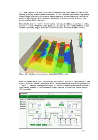 22	
	
Um DCIM é constituído de um conjunto de soluções integradas, de Hardware e Software onde
para que se tenham as informações completas do DC são instalados interfaces para a coleta de
informações de todos os componentes do sistema, tais como entrada de energia, transferência,
geradores, UPS, baterias, Ar condicionado, distribuição de energia, controle de acesso e etc.,
apenas para falar de infra estrutura.
São instalados diversos sensores de temperatura, humidade, pressão de ar, abertura de portas,
câmeras de acesso, RFID (para gestão de ativos) e etc. para que todo o ambiente físico do Data
Hall seja monitorado. A figura 26 mostra um ambiente gerido por um DCIM (Mapa térmico).
A figura 26 – Gestão de um ambiente de Datahall ( DCIM Schneider)
As funcionalidades de um DCIM começam com a monitoração de todos os equipamentos de infra
estrutura, tais como a elétrica do sistema, desde a entrada de energia até a distribuição dentro do
DC (figura 27), sistemas de refrigeração (figura 28), passando por toda a monitoração, controle e
log de eventos de todos os componentes do sistema, tal como o consumo de baterias de uma
UPS. (figura 29)
 