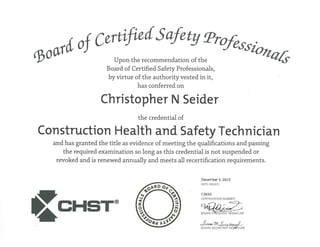 Seider CHST Certification