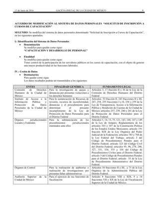 13 de Junio de 2016 GACETA OFICIAL DE LA CIUDAD DE MÉXICO 9
ACUERDO DE MODIFICACIÓN AL SISTEMA DE DATOS PERSONALES “SOLICITUD DE INSCRIPCIÓN A
CURSOS DE CAPACITACIÓN”
SEGUNDO: Se modifica del sistema de datos personales denominado “Solicitud de Inscripción a Cursos de Capacitación”,
en los siguientes apartados:
I.- Identificación del Sistema de Datos Personales
 Denominación
Se modifica para quedar como sigue:
“CAPACITACIÓN Y DESARROLLO DE PERSONAL”
 Finalidad
Se modifica para quedar como sigue:
Tener control de la participación de los servidores públicos en los cursos de capacitación, con el objeto de generar
una mayor productividad en las funciones laborales.
IV.- Cesión de Datos
 Destinatarios
Para quedar como sigue
Los datos recabados podrán ser transmitidos a los siguientes:
ENTES FINALIDAD GENÉRICA FUNDAMENTO LEGAL
Comisión de Derechos
Humanos de la Ciudad de
México
Para la investigación de quejas y
denuncias por presuntas violaciones a
los derechos humanos
Artículos 3, 17 fracción II y 36 de la Ley de la
Comisión de Derechos Humanos del Distrito
Federal
Instituto de Acceso a la
Información Pública y
Protección de Datos
Personales de la Ciudad de
México
Para la sustanciación de Recursos de
revisión, recursos de inconformidad,
denuncias y el procedimiento para
determinar el presunto
incumplimiento de la Ley de
Protección de Datos Personales para
el Distrito Federal
Artículos 53 fracción II, 243 fracciones II y III,
247, 254, 255 fracciones I y II, 256 y 259 de la
Ley de Transparencia, Acceso a la Información
Pública y Rendición de Cuentas de la Ciudad de
México; artículos 237, 239, 240 y 241 de la Ley
de Protección de Datos Personales para el
Distrito Federal.
Órganos jurisdiccionales
Locales y Federales
Para la substanciación de los
procedimientos jurisdiccionales
tramitados ante ellos
Artículos 3, 14, 15, 75, 121, 143, 144, 147 y 149
de la Ley de Amparo; Reglamentaria de los
artículos 103 y 107 de la Constitución Política
de los Estados Unidos Mexicanos; artículo 191
fracción XIX de la Ley Orgánica del Poder
Judicial de la Federación; artículos 783 y 784 de
la Ley Federal del Trabajo; artículo 3 del
Código de Procedimientos Penales para el
Distrito Federal; artículo 323 del Código Civil
del Distrito Federal; artículos 95, 96, 278, 288,
327, 331, 334, 335 y 336 del Código de
Procedimientos Civiles para el Distrito Federal;
artículo 3 del Código de Procedimientos Penales
para el Distrito Federal; artículo 55 de la Ley
de Procedimiento Administrativo del Distrito
Federal.
Órganos de Control Para la realización de auditorías o
realización de investigaciones por
presuntas faltas administrativas
Artículos 34 fracciones II y III, y 73 de la Ley
Orgánica de la Administración Pública del
Distrito Federal.
Auditoría Superior de la
Ciudad de México
Para el ejercicio de sus funciones de
fiscalización
Artículo 8 fracciones VIII y XIX; 9 y 14
fracciones VII y XX de la Ley de Fiscalización
Superior de la Ciudad de México.
 