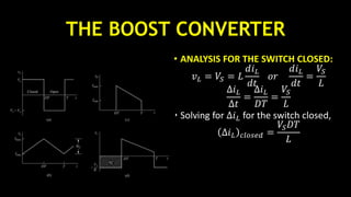 THE BOOST CONVERTER
• ANALYSIS FOR THE SWITCH CLOSED:
𝑣 𝐿 = 𝑉𝑆 = 𝐿
𝑑𝑖 𝐿
𝑑𝑡
𝑜𝑟
𝑑𝑖 𝐿
𝑑𝑡
=
𝑉𝑆
𝐿
∆𝑖 𝐿
∆𝑡
=
∆𝑖 𝐿
𝐷𝑇
=
𝑉𝑆
𝐿
• Solving for ∆𝑖 𝐿 for the switch closed,
∆𝑖 𝐿 𝑐𝑙𝑜𝑠𝑒𝑑 =
𝑉𝑆 𝐷𝑇
𝐿
 