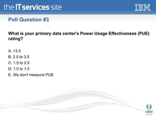 Poll Question #3

What is your primary data center's Power Usage Effectiveness (PUE)
rating?

A. >3.5
B. 2.5 to 3.5
C. 1.5 to 2.5
D. 1.0 to 1.5
E. We don't measure PUE
 