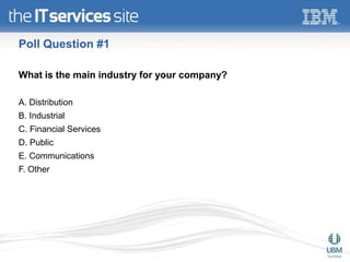 Poll Question #1

What is the main industry for your company?

A. Distribution
B. Industrial
C. Financial Services
D. Public
E. Communications
F. Other
 