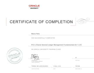 CERTIFICATE OF COMPLETION
HAS SUCCESSFULLY COMPLETED
AN ORACLE UNIVERSITY TRAINING CLASS
DAMIEN CAREY Total Hours
VP AND GENERAL MANAGER
ORACLE UNIVERSITY
INSTRUCTOR NAME DATE ENROLLMENT ID
Maria Félix
R12ฺx Oracle General Ledger Management Fundamentals Ed 1 LVC
TORRES, MR JUAN EDUARDO 10 April, 2015 7557096
40
 
