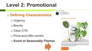 Level 2: Promotional
 Defining Characteristics
 Urgency
 Brevity
 Clear CTA
 Price-and-offer-centric
 Event or Seasonally-Themed
 