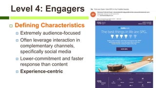 Level 4: Engagers
 Defining Characteristics
 Extremely audience-focused
 Often leverage interaction in
complementary channels,
specifically social media
 Lower-commitment and faster
response than content
 Experience-centric
 