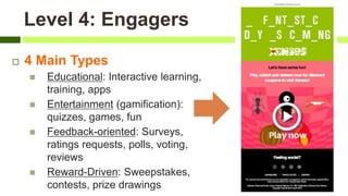 Level 4: Engagers
 4 Main Types
 Educational: Interactive learning,
training, apps
 Entertainment (gamification):
quizzes, games, fun
 Feedback-oriented: Surveys,
ratings requests, polls, voting,
reviews
 Reward-Driven: Sweepstakes,
contests, prize drawings
 