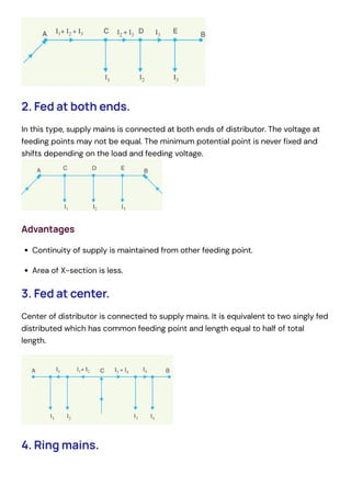 2. Fed at both ends.
In this type, supply mains is connected at both ends of distributor. The voltage at
feeding points may not be equal. The minimum potential point is never fixed and
shifts depending on the load and feeding voltage.

Advantages
Continuity of supply is maintained from other feeding point.
Area of X-section is less.
3. Fed at center.
Center of distributor is connected to supply mains. It is equivalent to two singly fed
distributed which has common feeding point and length equal to half of total
length.
4. Ring mains.
 