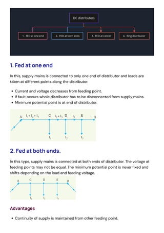 1. Fed at one end
In this, supply mains is connected to only one end of distributor and loads are
taken at different points along the distributor.
Current and voltage decreases from feeding point.
If fault occurs whole distributor has to be disconnected from supply mains.
Minimum potential point is at end of distributor.
2. Fed at both ends.
In this type, supply mains is connected at both ends of distributor. The voltage at
feeding points may not be equal. The minimum potential point is never fixed and
shifts depending on the load and feeding voltage.

Advantages
Continuity of supply is maintained from other feeding point.
 