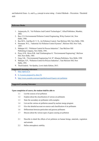 and Industrial Zones –LN and Lequi concept in noise rating – Control Methods – Prevention– Threshold
shift
1. Anjaneyulu, D., “Air Pollution And Control Technologies”, Allied Publishers, Mumbai,
2002.
2. Rao, C.S. Environmental Pollution Control Engineering, Wiley Eastern Ltd., New
Delhi, 1996.
3. Rao M.N., And Rao H. V. N., Air Pollution Control, Tata McGraw Hill, New Delhi, 1996.
4. Heumann. W.L., “Industrial Air Pollution Control Systems”, McGraw Hill, New Yark,
1997.
5. Mahajan S.P., “Pollution Control In Process Industries”, Tata McGraw Hill
Publishing Company, New Delhi, 1991.
6. Peavy S.W., Rowe D.R. And Tchobanoglous G. “Environmental Engineering”, McGraw
Hill, New Delhi, 1985.
7. Garg, S.K., “Environmental Engineering Vol. II”, Khanna Publishers, New Delhi, 1998
8. Mahajan, S.P., “Pollution Control In Process Industries”, Tata McGraw Hill, New
Delhi, 1991.
9. Thod Godesh, “Air Quality, Lewis India Edition, 2013.
Suggested E-learning references
1. http://nptel.ac.in
2. E- Lessons prepared by sbtet,TS
3. http://www.youtube.com/user/nptelhrd/search?query=air+pollution
Upon completion of course, the student shall be able to
1.1 List the sources of air pollution
1.2 Explain about the classification of various air pollutants
1.3 State the secondary air pollutants with examples
1.4 List out the various air pollution caused by nuclear energy program
1.5 Give the detailed account on sources and classification of air pollutants
1.6 Differentiate between particulate and gaseous pollutants
1.7 Discuss about the various types of gases causing air pollution
2.1 Describe in detail the effects of air pollution on human beings, materials, vegetation
and animals
2.2 Define atmospheric stability
Reference Books
Suggested Learning Outcomes
 