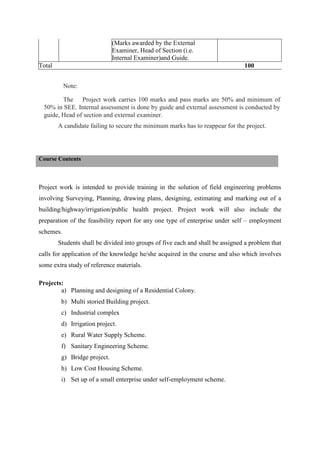 (Marks awarded by the External
Examiner, Head of Section (i.e.
Internal Examiner)and Guide.
Total 100
Note:
The Project work carries 100 marks and pass marks are 50% and minimum of
50% in SEE. Internal assessment is done by guide and external assessment is conducted by
guide, Head of section and external examiner.
A candidate failing to secure the minimum marks has to reappear for the project.
Project work is intended to provide training in the solution of field engineering problems
involving Surveying, Planning, drawing plans, designing, estimating and marking out of a
building/highway/irrigation/public health project. Project work will also include the
preparation of the feasibility report for any one type of enterprise under self – employment
schemes.
Students shall be divided into groups of five each and shall be assigned a problem that
calls for application of the knowledge he/she acquired in the course and also which involves
some extra study of reference materials.
Projects:
a) Planning and designing of a Residential Colony.
b) Multi storied Building project.
c) Industrial complex
d) Irrigation project.
e) Rural Water Supply Scheme.
f) Sanitary Engineering Scheme.
g) Bridge project.
h) Low Cost Housing Scheme.
i) Set up of a small enterprise under self-employment scheme.
Course Contents
 