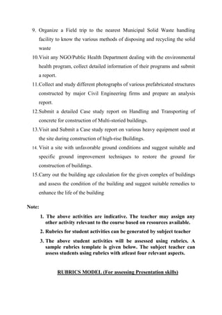 9. Organize a Field trip to the nearest Municipal Solid Waste handling
facility to know the various methods of disposing and recycling the solid
waste
10.Visit any NGO/Public Health Department dealing with the environmental
health program, collect detailed information of their programs and submit
a report.
11.Collect and study different photographs of various prefabricated structures
constructed by major Civil Engineering firms and prepare an analysis
report.
12.Submit a detailed Case study report on Handling and Transporting of
concrete for construction of Multi-storied buildings.
13.Visit and Submit a Case study report on various heavy equipment used at
the site during construction of high-rise Buildings.
14. Visit a site with unfavorable ground conditions and suggest suitable and
specific ground improvement techniques to restore the ground for
construction of buildings.
15.Carry out the building age calculation for the given complex of buildings
and assess the condition of the building and suggest suitable remedies to
enhance the life of the building
Note:
1. The above activities are indicative. The teacher may assign any
other activity relevant to the course based on resources available.
2. Rubrics for student activities can be generated by subject teacher
3. The above student activities will be assessed using rubrics. A
sample rubrics template is given below. The subject teacher can
assess students using rubrics with atleast four relevant aspects.
RUBRICS MODEL (For assessing Presentation skills)
 