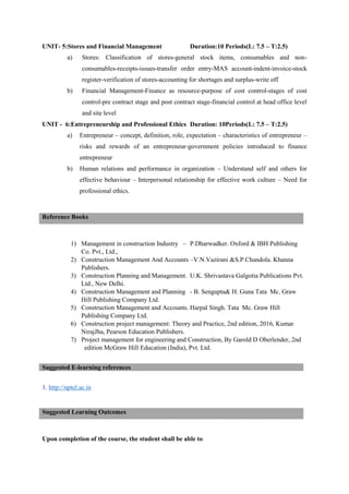 UNIT- 5:Stores and Financial Management Duration:10 Periods(L: 7.5 – T:2.5)
a) Stores: Classification of stores-general stock items, consumables and non-
consumables-receipts-issues-transfer order entry-MAS account-indent-invoice-stock
register-verification of stores-accounting for shortages and surplus-write off
b) Financial Management-Finance as resource-purpose of cost control-stages of cost
control-pre contract stage and post contract stage-financial control at head office level
and site level
UNIT - 6:Entrepreneurship and Professional Ethics Duration: 10Periods(L: 7.5 – T:2.5)
a) Entrepreneur – concept, definition, role, expectation – characteristics of entrepreneur –
risks and rewards of an entrepreneur-government policies introduced to finance
entrepreneur
b) Human relations and performance in organization – Understand self and others for
effective behaviour – Interpersonal relationship for effective work culture – Need for
professional ethics.
1) Management in construction Industry – P.Dharwadker. Oxford & IBH Publishing
Co. Pvt., Ltd.,
2) Construction Management And Accounts –V.N.Vazirani &S.P.Chandola. Khanna
Publishers.
3) Construction Planning and Management. U.K. Shrivastava Galgotia Publications Pvt.
Ltd., New Delhi.
4) Construction Management and Planning - B. Sengupta& H. Guna Tata Mc. Graw
Hill Publishing Company Ltd.
5) Construction Management and Accounts. Harpal Singh. Tata Mc. Graw Hill
Publishing Company Ltd.
6) Construction project management: Theory and Practice, 2nd edition, 2016, Kumar
NirajJha, Pearson Education Publishers.
7) Project management for engineering and Construction, By Garold D Oberlender, 2nd
edition McGraw Hill Education (India), Pvt. Ltd.
1. http://nptel.ac.in
Upon completion of the course, the student shall be able to
Reference Books
Suggested E-learning references
Suggested Learning Outcomes
 