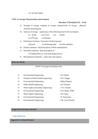 vii) Inverted siphon
UNIT -6: Sewage Characteristics and treatment
Duration: 12 Periods(L:9.0 – T:3.0)
a) Strength of sewage, sampling of sewage, characteristics of sewage – physical,
chemical and biological.
b) Analysis of sewage – significance of the following tests for (No test details)
(i) Solids (ii) C.O.D (iii) B.O.D
.(iv) PH
Value v) Chlorides
c) Preliminary treatment - Functions of following units.
i) Screens (ii) Skimming tanks (iii) Grit chambers
d) Primary treatment - Brief description of Plain sedimentation
e) Secondary treatment - Brief description of
i) Trickling filters ii) Activated sludge process
f) Miscellaneous treatments – septic tank with soak pit.
NOTE: No design of treatment units
1) Environmental Engineering – G.S. Birdie
2) Elements of Public Health engineering – K.N. Duggal
3) Environmental Engineering – Baljeet Kapoor
4) Public Health Engineering – S.K. Hussain
5) Water supply and sanitary Engineering – V.N. Vazirani.
6) Environmental Engineering – N.N. Basak /TMH
7) Water Supply Engineering – S.K. Garg
8) Environmental Engineering – N. Srinivasulu
9) Environmental Engineering – S.R. Laxmi Prasad
1. http://nptel.ac.in
Reference Books
Suggested E-learning references
Suggested Learning Outcomes
 