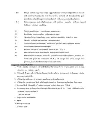 5.9 Design laterally supported simply supported(under symmetrical point loads and udl)
and cantilever beam(under point load at free end and udl throughout the span)
considering all codal requirements and check for flexure, shear and deflection
5.10 State component parts of plate girders with sketches – describe different types of
Stiffeners with their suitability.
6.1 State types of trusses – plane trusses, space trusses.
6.2 Explain the situations where roof trusses are used.
6.3 Sketch different types of roof trusses with their suitability for a given span.
6.4 Sketch a roof truss and name the component parts.
6.5 State configuration of trusses – pitched roof, parallel chord trapezoidal trusses.
6.6 State cross sections of truss members.
6.7 Estimate the type of loads on roof trusses as per I.S – 875.
6.8 Describe briefly how the wind load is calculated on roof trusses.
6.8 Determine loads at nodal points of a given roof truss due to dead load, live load and
wind load, given the coefficients K1, K2, K3, design wind speed, design wind
pressure, external and internal pressure coefficients.
Suggested Student Activities
1. Visit a nearby construction site and identify the various types of connections used in steel
structures and prepare a report.
2. Collect & Prepare a list of Indian Standard codes referred for structural steel design with the
purpose of each code.
3. Collect the catalogues of various types of structural steel sections
4. Collect the map showing Basic wind speed throughout the country and analyse those maps.
5. Prepare 2D & 3D models of various structural steel sections using CADD.
6. Prepare the structural detailing of designed sections as per SP 6-1 (1964): ISI Handbook for
Structural Engineers -Part- 1
7. Tech fest/Srujana
8. Paper/Poster presentation
9. Quiz
10. Group discussion
11. Surprise Test
 