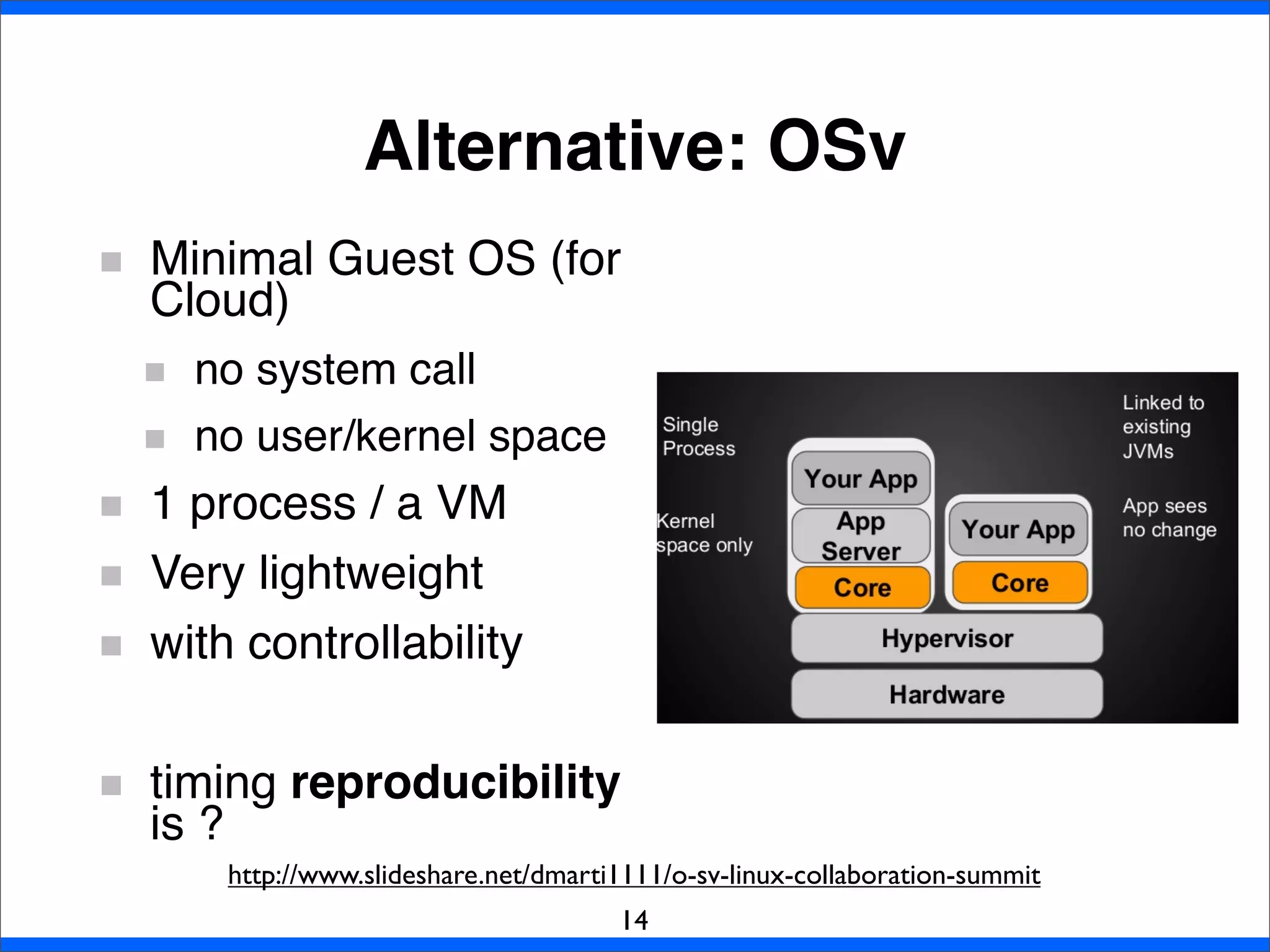 Alternative: OSv
Minimal Guest OS (for
Cloud)
no system call
no user/kernel space
1 process / a VM
Very lightweight
with controllability
timing reproducibility
is ?
14
http://www.slideshare.net/dmarti1111/o-sv-linux-collaboration-summit
 
