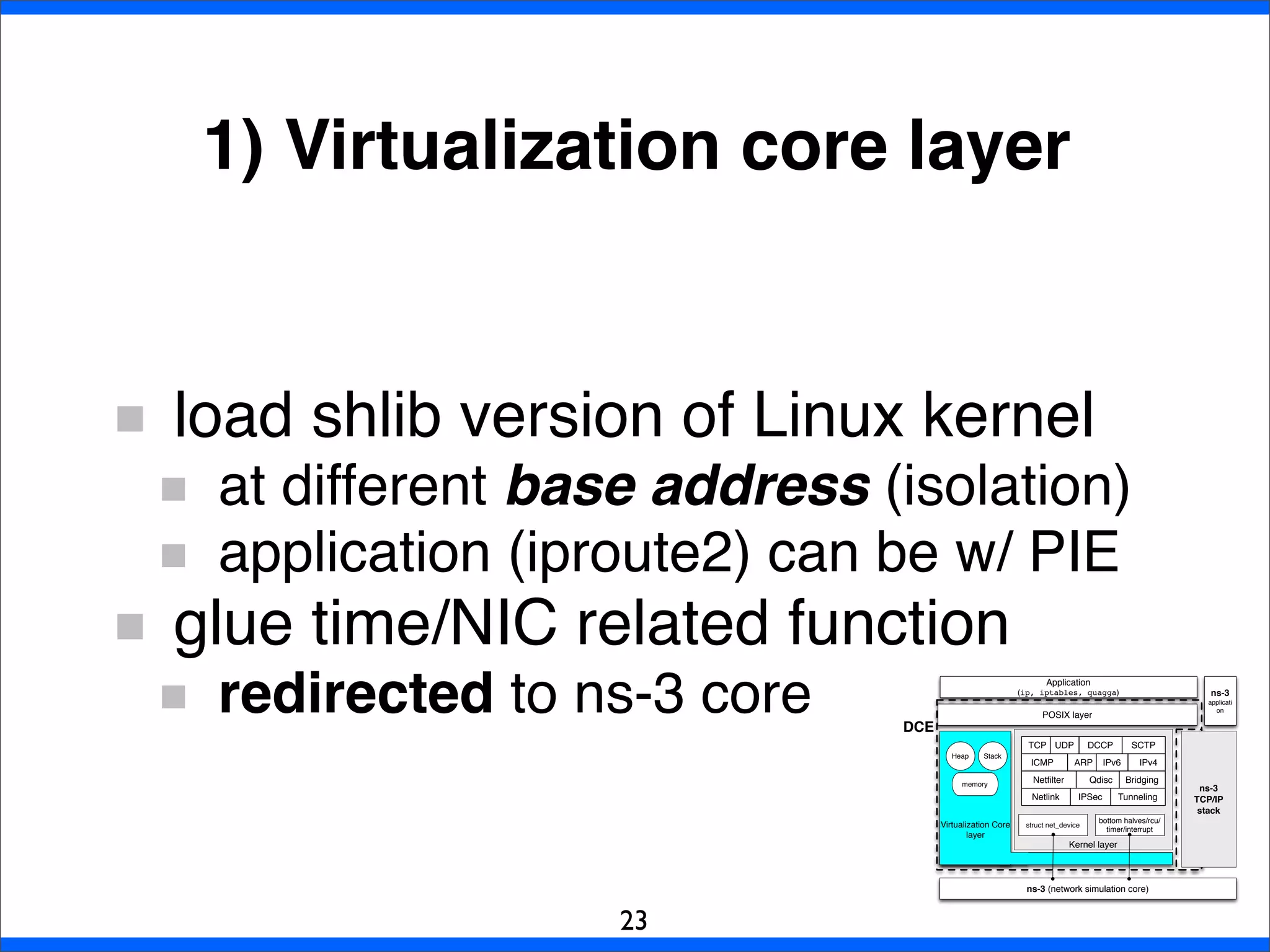 1) Virtualization core layer
load shlib version of Linux kernel
at different base address (isolation)
application (iproute2) can be w/ PIE
glue time/NIC related function
redirected to ns-3 core
23
ARP
Qdisc
TCP UDP DCCP SCTP
ICMP IPv4IPv6
Netlink
BridgingNetﬁlter
IPSec Tunneling
Kernel layer
Heap Stack
memory
Virtualization Core
layer
ns-3 (network simulation core)
POSIX layer
Application
(ip, iptables, quagga)
bottom halves/rcu/
timer/interrupt
struct net_device
DCE
ns-3
applicati
on
ns-3
TCP/IP
stack
 