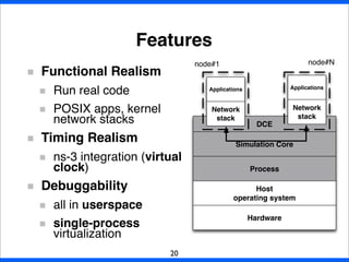 DCE
Hardware
Simulation Core
Host
operating system
Process
Network
stack
Applications
Network
stack
Applications
node#1 node#N
Features
20
Functional Realism
Run real code
POSIX apps, kernel
network stacks
Timing Realism
ns-3 integration (virtual
clock)
Debuggability
all in userspace
single-process
virtualization
 