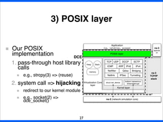 3) POSIX layer
27
Our POSIX
implementation
1. pass-through host library
calls
e.g., strcpy(3) => (reuse)
2. system call => hijacking
redirect to our kernel module
e.g., socket(2) =>
dce_socket()
ARP
Qdisc
TCP UDP DCCP SCTP
ICMP IPv4IPv6
Netlink
BridgingNetﬁlter
IPSec Tunneling
Kernel layer
Heap Stack
memory
Virtualization Core
layer
ns-3 (network simulation core)
POSIX layer
Application
(ip, iptables, quagga)
bottom halves/rcu/
timer/interrupt
struct net_device
DCE
ns-3
applicati
on
ns-3
TCP/IP
stack
 