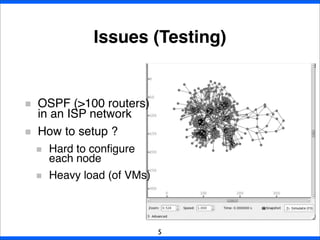 Issues (Testing)
5
OSPF (>100 routers)
in an ISP network
How to setup ?
Hard to conﬁgure
each node
Heavy load (of VMs)
 