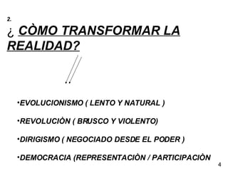 2.   ¿  CÒMO TRANSFORMAR LA REALIDAD? EVOLUCIONISMO ( LENTO Y NATURAL ) REVOLUCIÒN ( BRUSCO Y VIOLENTO) DIRIGISMO ( NEGOCIADO DESDE EL PODER ) DEMOCRACIA (REPRESENTACIÒN / PARTICIPACIÒN   4 