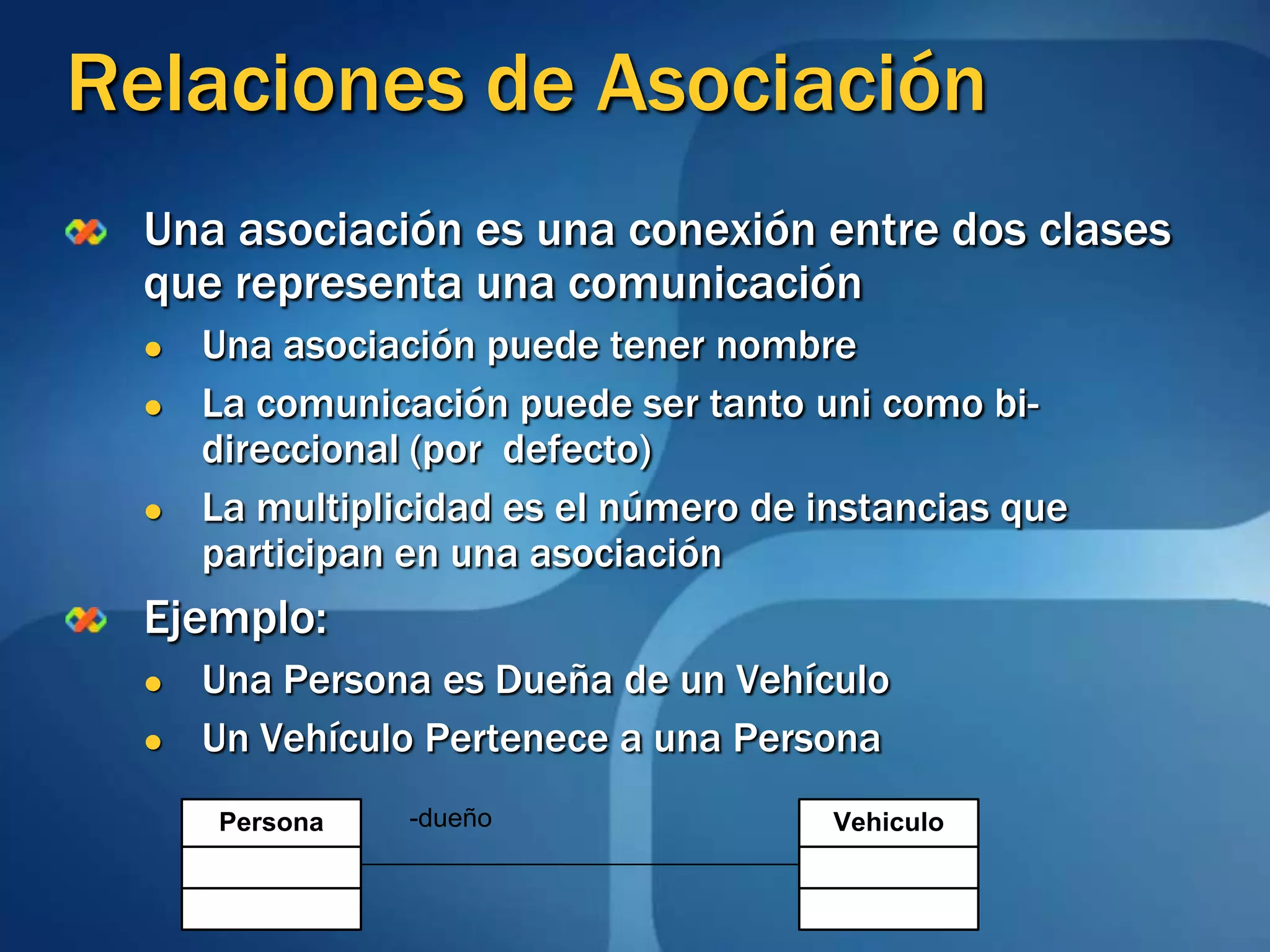 Relaciones de AsociaciónUna asociación es una conexión entre dos clases que representa una comunicaciónUna asociación puede tener nombreLa comunicación puede ser tanto uni como bi-direccional (por  defecto)La multiplicidad es el número de instancias que participan en una asociaciónEjemplo:Una Persona es Dueña de un VehículoUn Vehículo Pertenece a una Persona