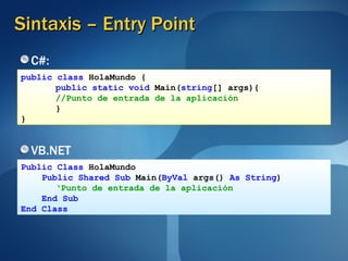 Sintaxis – Entry Point C#: public class  HolaMundo { public static void  Main( string [] args){ //Punto de entrada de la aplicación } } VB.NET Public Class  HolaMundo Public Shared Sub  Main( ByVal  args()  As String ) ‘ Punto de entrada de la aplicación End Sub End Class 