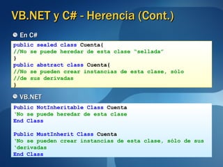 VB.NET y C# - Herencia (Cont.) En C# VB.NET public sealed class  Cuenta{ //No se puede heredar de esta clase “sellada”   } public abstract class  Cuenta{ //No se pueden crear instancias de esta clase, sólo //de sus derivadas   } Public NotInheritable Class  Cuenta ‘ No se puede heredar de esta clase End Class Public MustInherit Class  Cuenta ‘ No se pueden crear instancias de esta clase, sólo de sus  ‘ derivadas End Class 