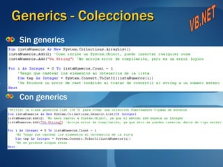 Generics - Colecciones Sin generics Con generics VB.NET 
