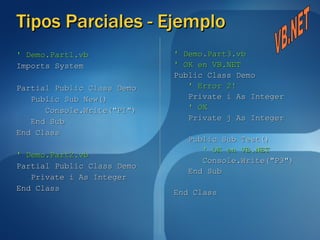 Tipos Parciales - Ejemplo ' Demo.Part1.vb Imports System Partial Public Class Demo Public Sub New() Console.Write("P1") End Sub End Class ' Demo.Part2.vb Partial Public Class Demo Private i As Integer End Class ' Demo.Part3.vb ' OK en VB.NET Public Class Demo ' Error 2! Private i As Integer ' OK Private j As Integer Public Sub Test() ' OK en VB.NET Console.Write("P3") End Sub End Class VB.NET 
