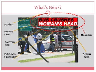 What’s News?


accident

Involved
a bus                         Headline


A woman
died


Victim was                     Action
a pedestrian                    verb
 