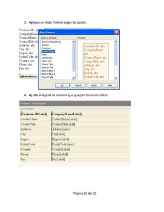 3. Aplique un Auto Format según la opción.




4. Ajuste el layout de manera que quepan todos los datos.




                                Página 25 de 52
 